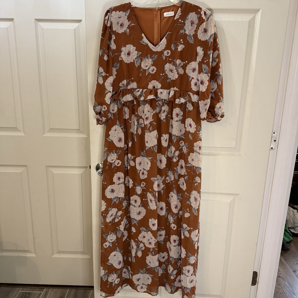 Roolee Rust Floral Maxi Dress with Ivory Blooms